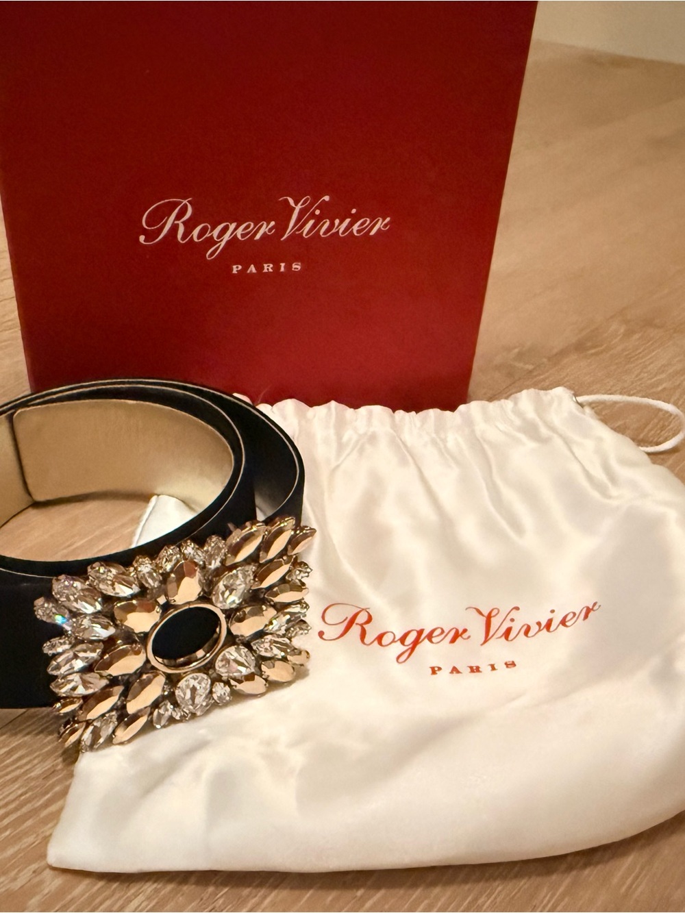 Roger Vivier Black Leather Belt with Crystal Gold-Tone Floral Buckle
